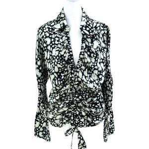 Nicolas Women cinched ruched front black white blouse top v neck size 6